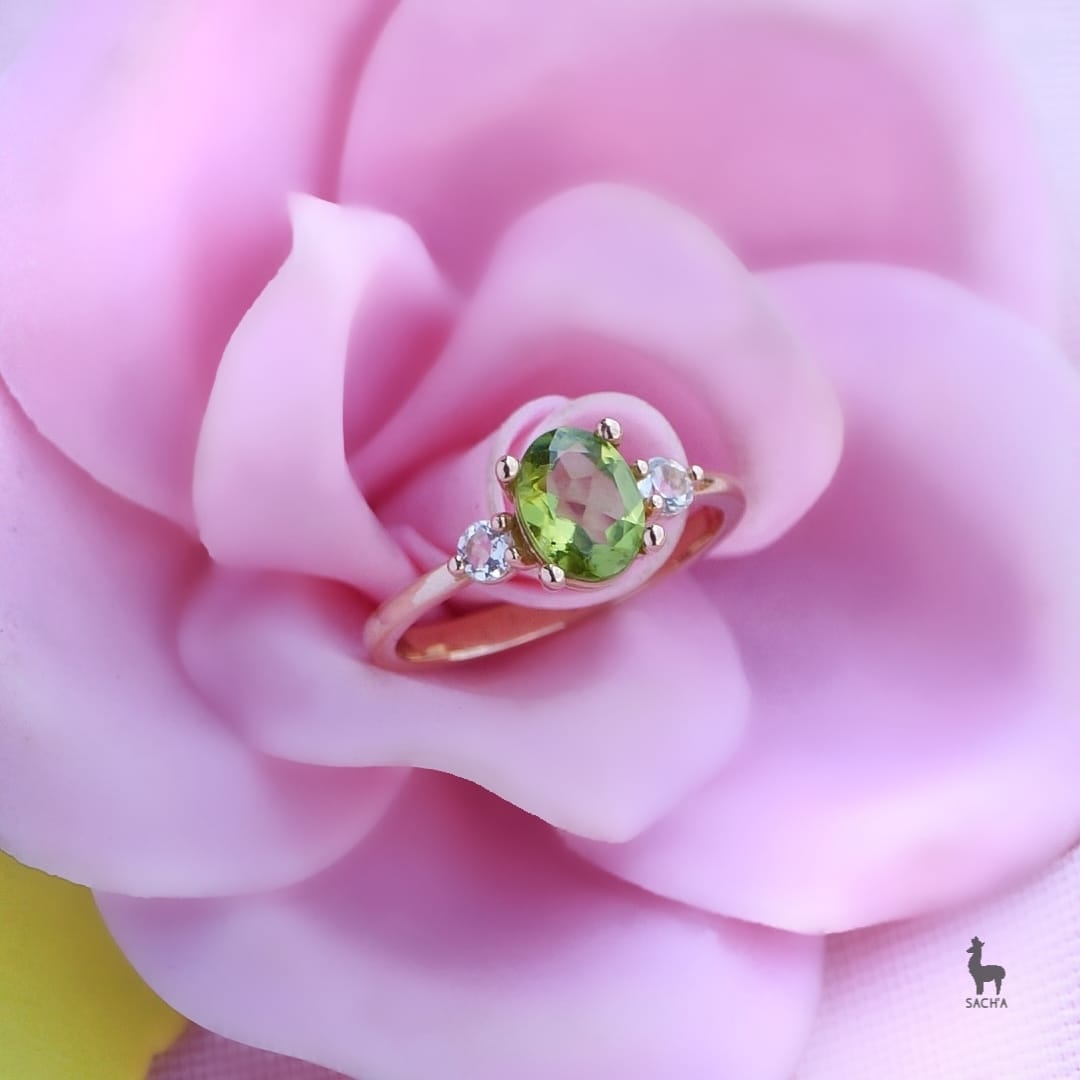 Anillo de Peridoto & Topacios Blancos en Oro 18k - Imagen 2